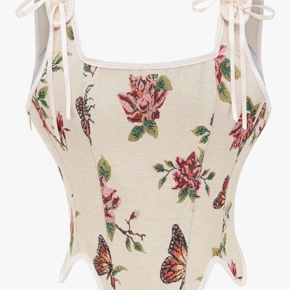 NWT Zip-Up Corset with Ribbon, Roses, Butterflies
